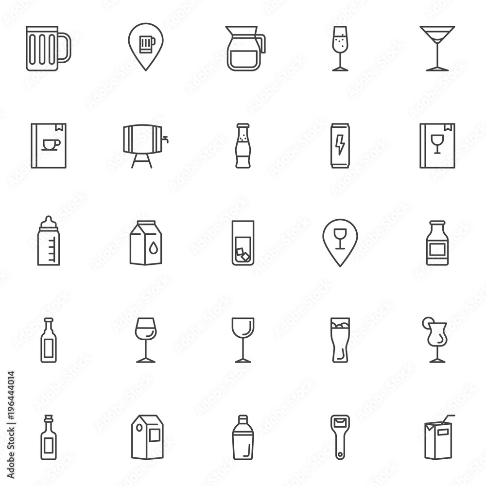 Drinks and beverages outline icons set. linear style symbols collection, line signs pack. vector graphics. Set includes icons as beer mug, water jug, champagne glass, cocktail , wine barrel, milk pack Drinks and beverages outline icons set. linear style symbols collection, line signs pack. vector graphics. Set includes icons as beer mug, water jug, champagne glass, cocktail , wine barrel, milk pack