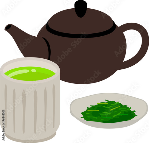 緑茶の茶葉と湯呑みと急須