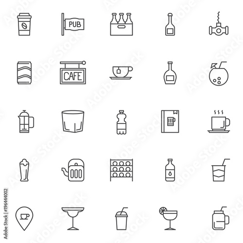 Drinks outline icons set. linear style symbols collection, line signs pack. vector graphics. Set includes icons as take away coffee, pub , beer case, champagne bottle, fresh cocktail, whiskey