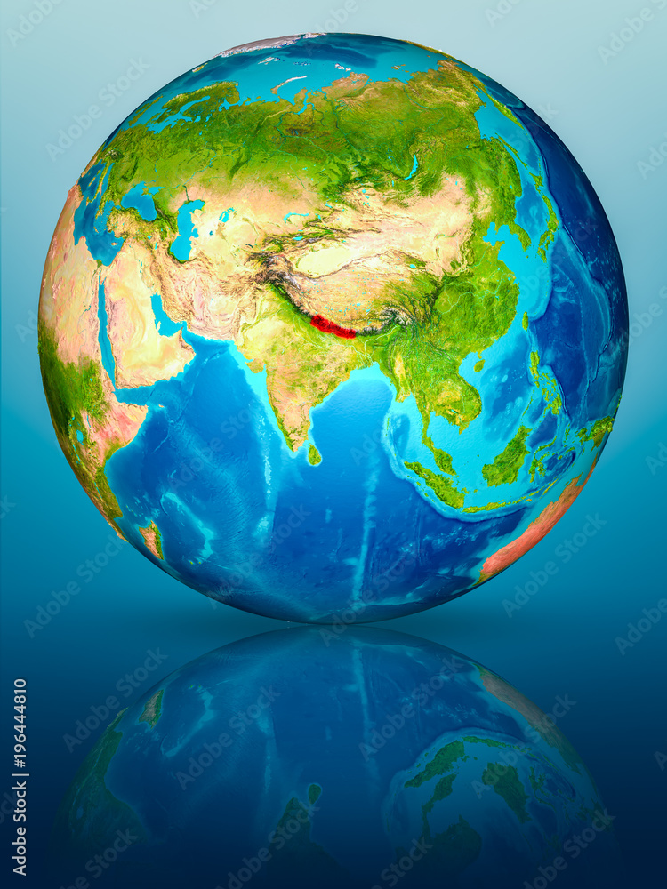 Naklejka premium Nepal on Earth on reflective surface