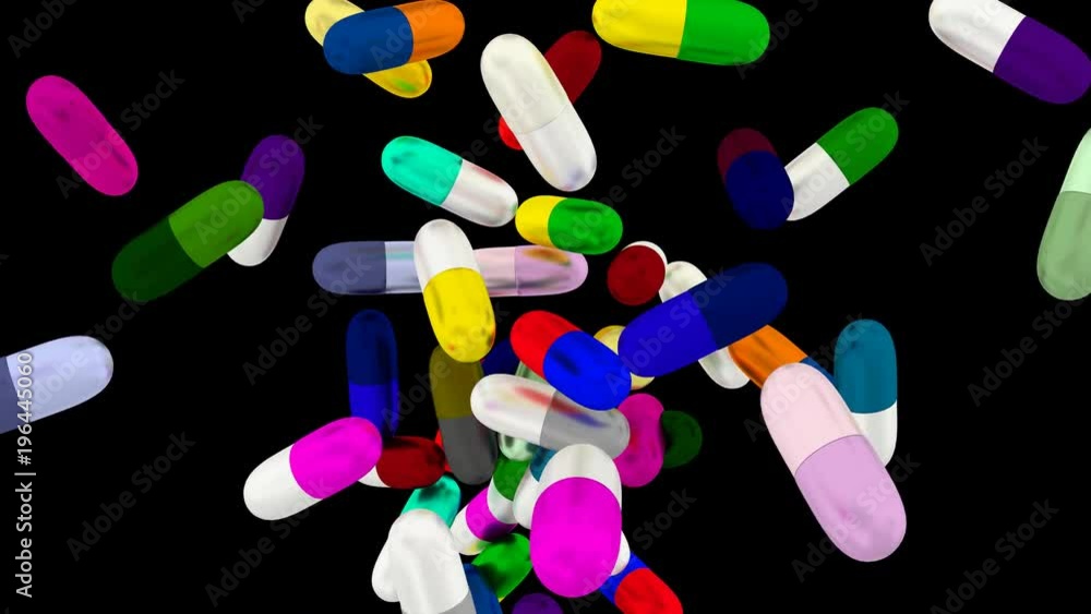 Animated colorful capsule pills flying toward camera in slow motion and against black background. Mask included. Animated colorful capsule pills flying toward camera in slow motion and against black background. Mask included.