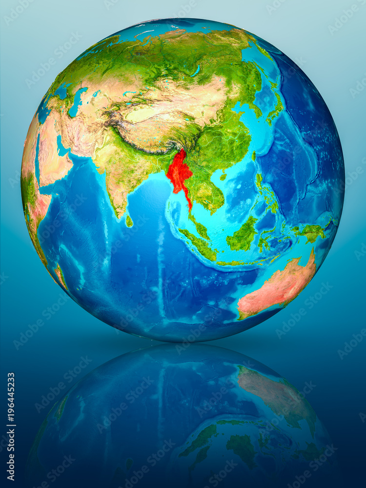 Naklejka premium Myanmar on Earth on reflective surface