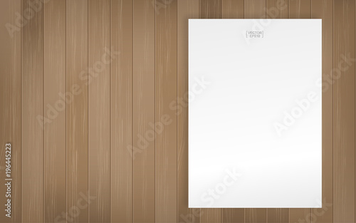 White paper sheet on wood pattern and texture background. Vector illustration.