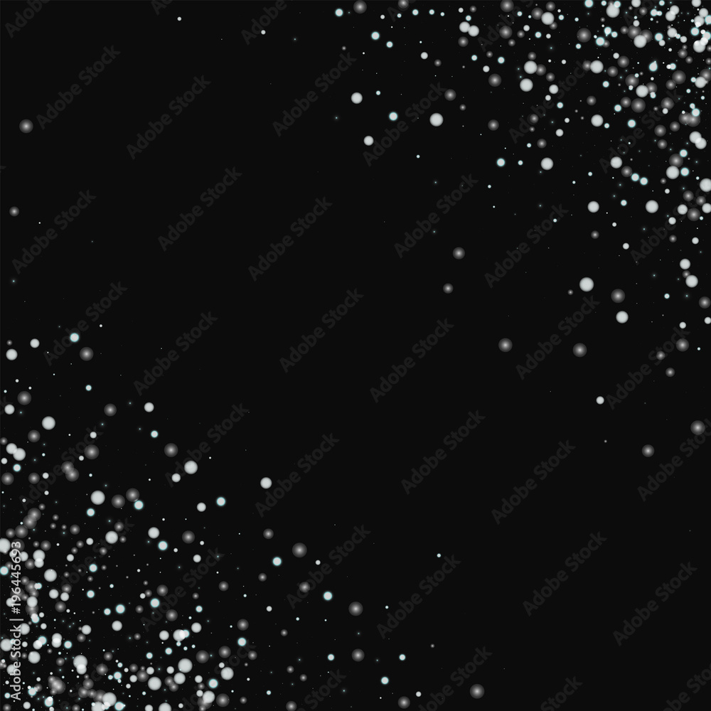 Amazing falling snow. Scatter cornered border with amazing falling snow on black background. Fascinating Vector illustration.