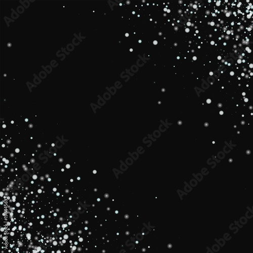 Amazing falling snow. Scatter cornered border with amazing falling snow on black background. Fascinating Vector illustration.