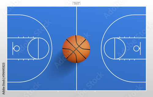 Basketball ball on blue basketball field background with line pattern  area. Vector illustration.