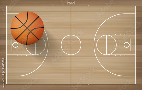 Basketball ball on basketball field with line court area. Vector illustration.