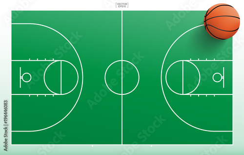 Basketball ball on green basketball field with line pattern area. Vector illustration.