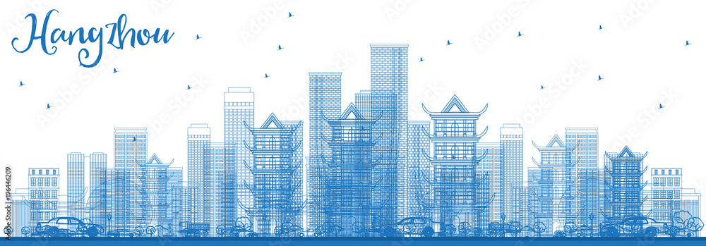 Outline Hangzhou China City Skyline with Blue Buildings.