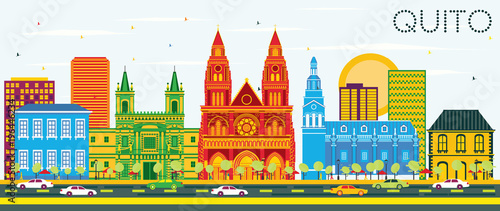 Quito Ecuador City Skyline with Color Buildings and Blue Sky.