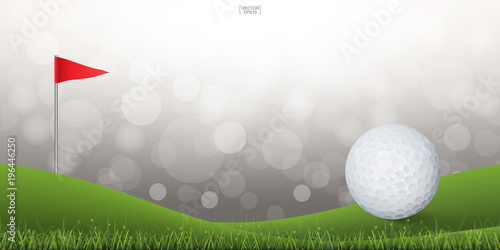 Golf ball on green grass of golf court with light blurred bokeh background. Vector illustration.