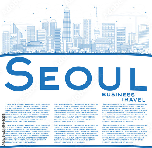Outline Seoul Korea Skyline with Blue Buildings and Copy Space.