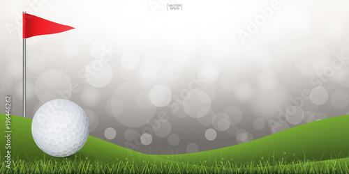 Golf ball on green grass of golf court with light blurred bokeh background. Vector illustration.