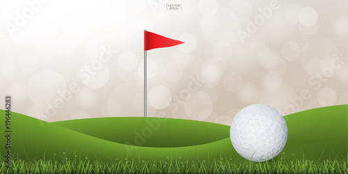 Golf ball on green grass of golf court with light blurred bokeh background. Vector illustration.