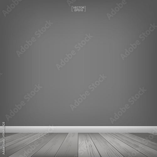 Empty room space with gray wall background. And wooden floor perspective pattern and texture. Vector illustration.