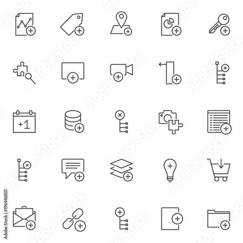 Add elements outline icons set. linear style symbols collection, line signs pack. vector graphics. Set includes icons as add graph, tag, location, pie chart, key, magnifying glass with a puzzle, video