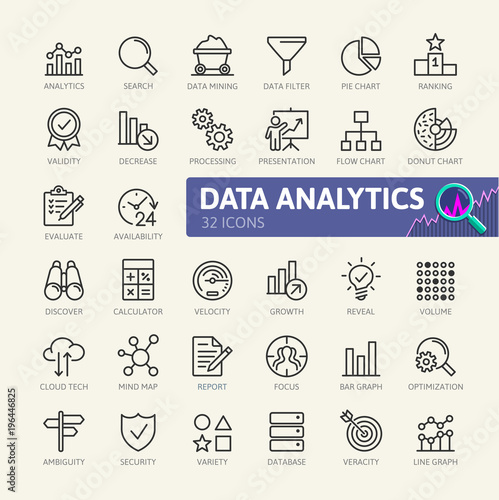 Data analysis, statistics, analytics  - minimal thin line web icon set. Outline icons collection. Simple vector illustration
