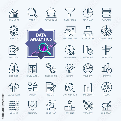Data analysis, statistics, analytics  - minimal thin line web icon set. Outline icons collection. Simple vector illustration