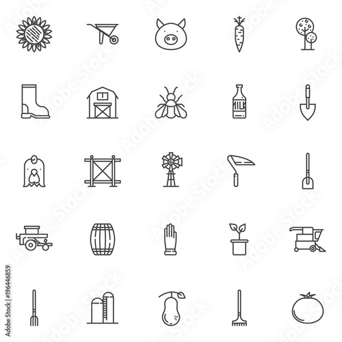 Agriculture elements outline icons set. linear style symbols collection, line signs pack. vector graphics. Set includes icons as sunflower, wheelbarrow, pig head, carrot, tree, boot, barn, bee milk