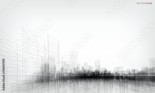 Perspective 3D render of building wireframe. Vector wireframe city background.