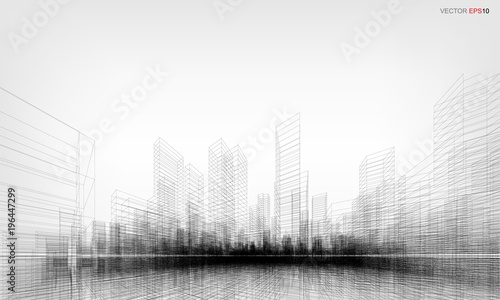 Perspective 3D render of building wireframe. Vector wireframe city background.