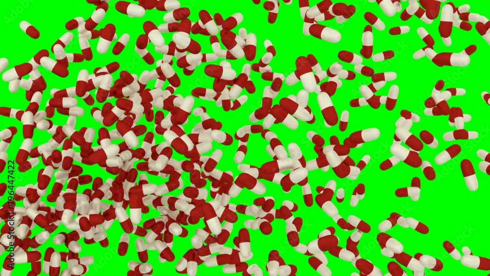Animated a lot of white and red capsule pills flying from left to right against green background. Animated a lot of white and red capsule pills flying from left to right against green background.