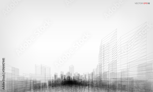 Perspective 3D render of building wireframe. Vector wireframe city background.