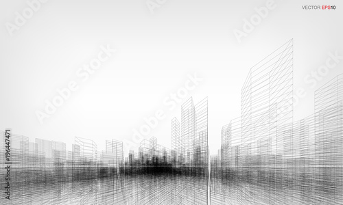 Perspective 3D render of building wireframe. Vector wireframe city background.