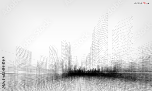 Fototapeta Naklejka Na Ścianę i Meble -  Perspective 3D render of building wireframe. Vector wireframe city background.