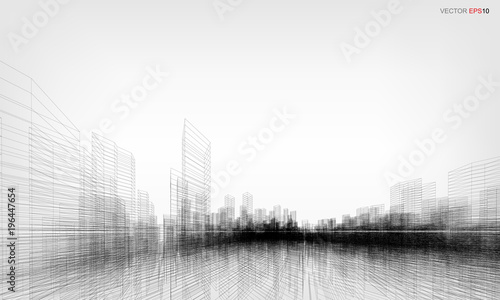 Perspective 3D render of building wireframe. Vector wireframe city background.