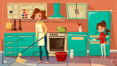 Vector cartoon mother daughter girl helps cleaning kitchen together, doing household chores. Female women characters wiping floor, dust interior furniture cupboard fridge cooking stove, microwave oven