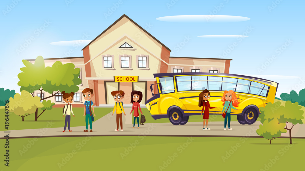 Vector cartoon teen kids pupil standing near school bus after lessons. Illustration boy girl children student, yellow truck vehicle summer school building background. Education, transportation concept Stock Vector | Adobe Stock Vector cartoon teen kids pupil standing near school bus after lessons. Illustration boy girl children student, yellow truck vehicle summer school building background. Education, transportation concept Stock Vector | Adobe Stock