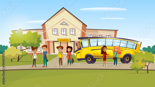 Vector cartoon teen kids pupil standing near school bus after lessons. Illustration boy girl children student, yellow truck vehicle summer school building background. Education, transportation concept