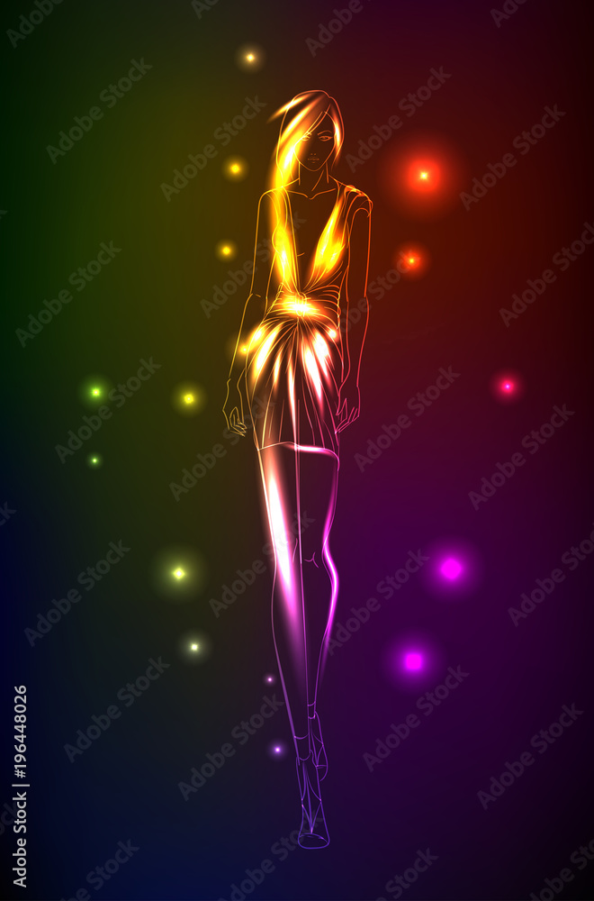 Hand-drawn fashion model from a neon. A light girl's. Fashion illustration. Hand-drawn fashion model from a neon. A light girl's. Fashion illustration.