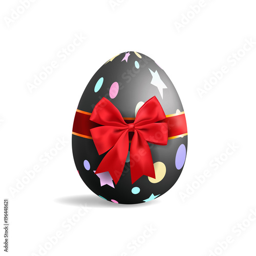 Realistic black Easter egg tied of red ribbon with a big bow isolated on white background. vector and illustration.