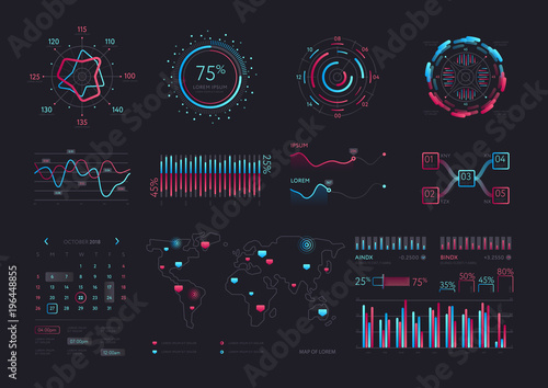 Interface screen with data infographic digital illustration. Dashboard technology hud vector interface and network management data screen with charts and diagrams.