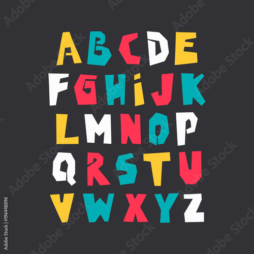 Vector uppercase colorful modern alphabet. Cut out paper font on black background.