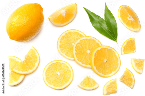 healthy food. sliced lemon with green leaf isolated on white background top view