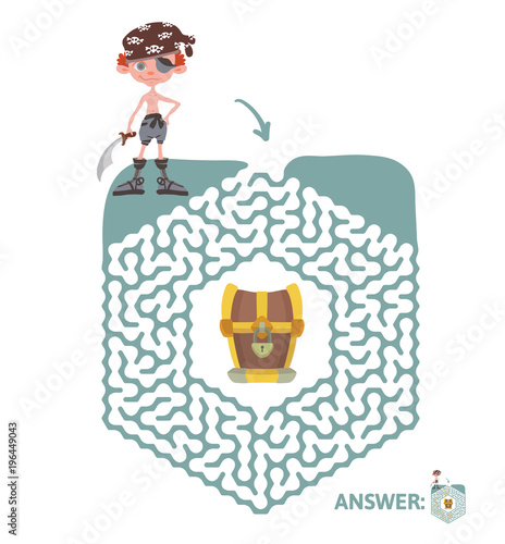 Children's maze with pirate and treasure. Cute puzzle game for kids, vector labyrinth illustration.