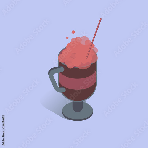 Vector illustration with 3D coffee cup with cappuccino and tubule. Coffee container in isometric flat style