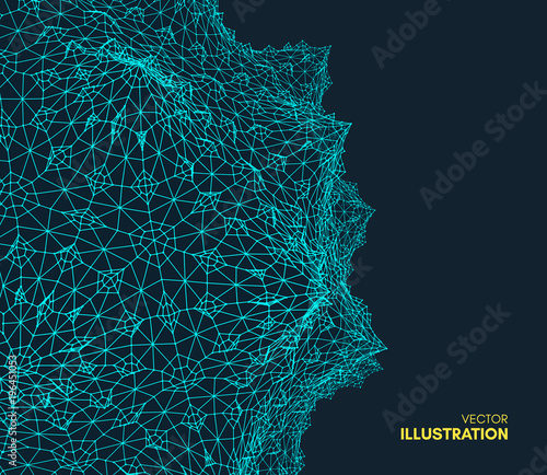 Abstract science or technology background. Graphic design. Network illustration with particle. 3D grid surface. Can be used for wallpaper, presentation, banner and cover.