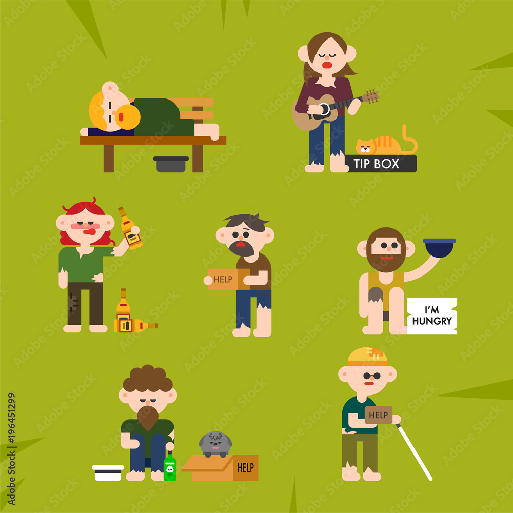 homeless character in the park. vector flat design illustration set homeless character in the park. vector flat design illustration set