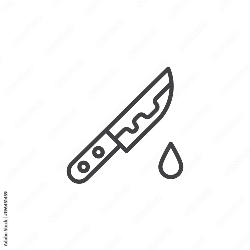 Knife with blood drop outline icon. linear style sign for mobile concept and web design. Bloody knife simple line vector icon. Symbol, logo illustration. Pixel perfect vector graphics