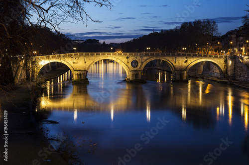 Rome. Night landscape of the Tiber river and Ponte Sisto.