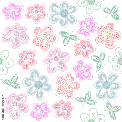 Vector Pastel Flower Pattern. Drawing Hand  Delicate tone Decorative Stylized Flowers.