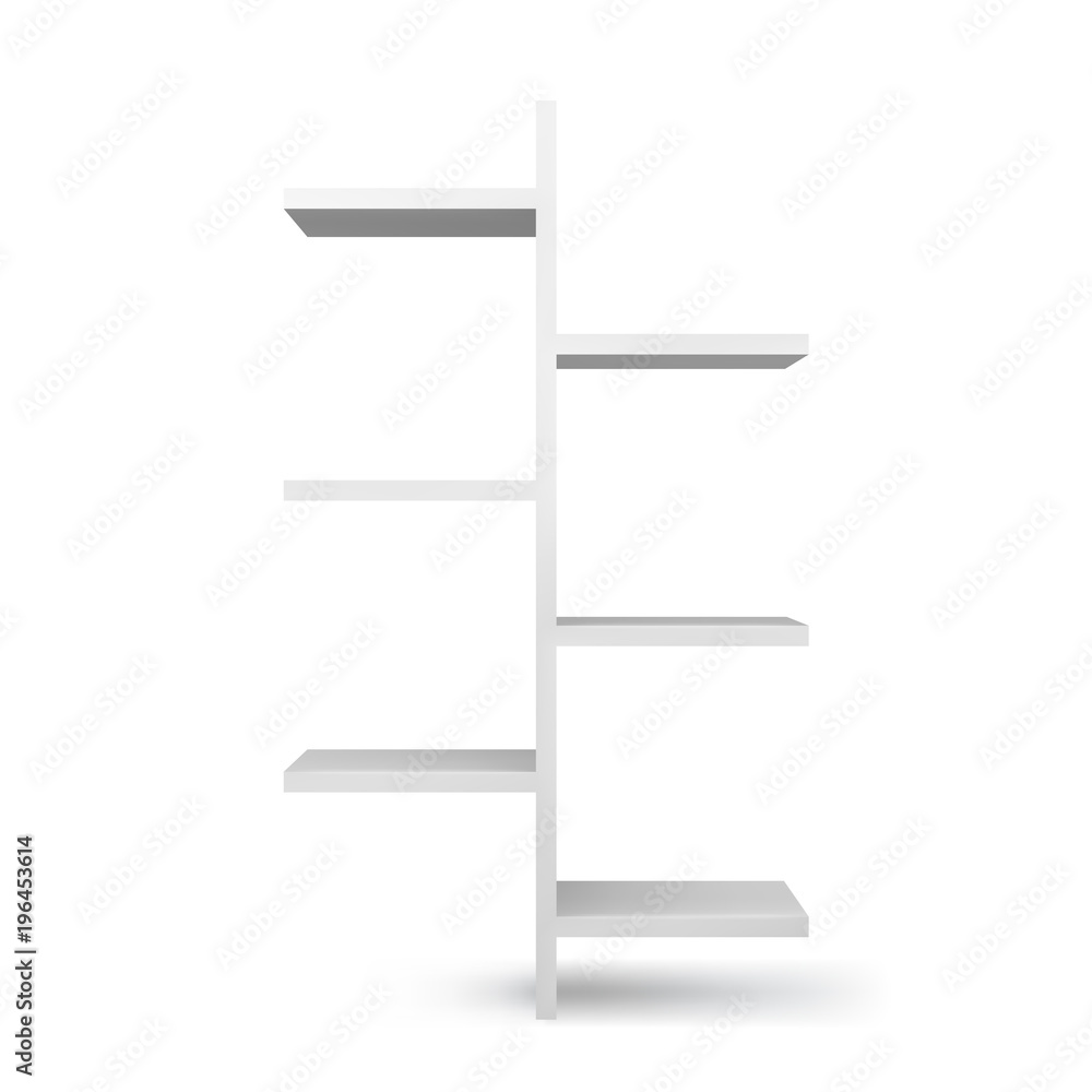 White empty bookshelf template Realistic isolated vector Stock Vector White empty bookshelf template Realistic isolated vector Stock Vector