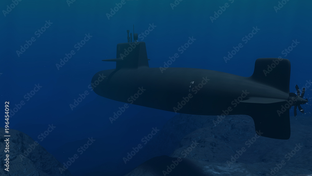 3D Illustration of a submarine patrolling close to the ocean floor