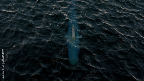 3D Illustration of a submarine patrolling just below the water's surface at periscope depth