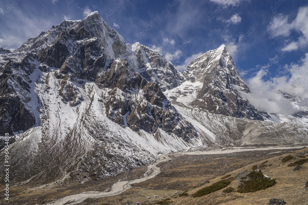 Pheriche valley with Taboche and cholatse peaks in Nepal