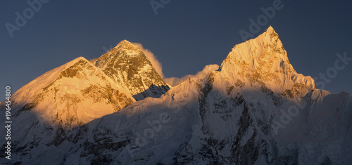 Everest and Nuptse summits at sunset or sunrise in Nepal